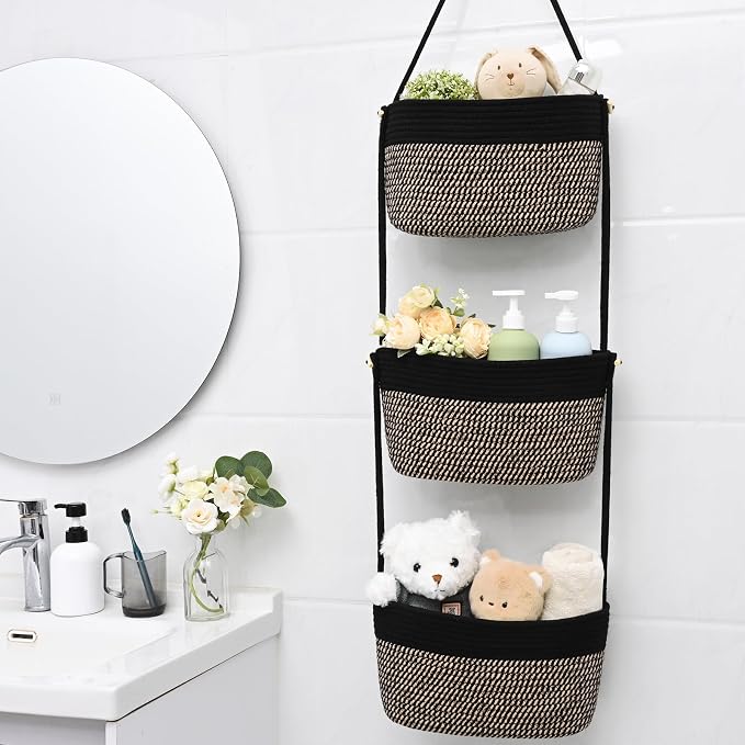 Hanging Basket, 3-Tier Woven Wall Basket with 4 Hooks, Cotton Rope Storage Baskets, Over the Door Organizer for Nursery, Bedroom, Cottage and Boho Wall Decor