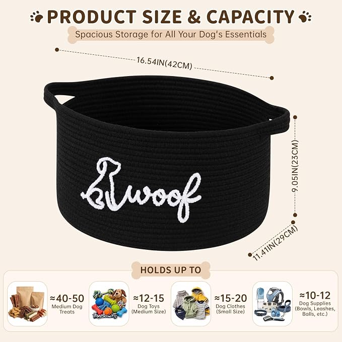 OIAHOMY 22L Large Dog Toy Basket, 16.5"x11.4"x9" Cotton Rope Basket with Cute Woof Embroidery, Soft Woven Pet Toy Box with Handles for Blankets, Leashes & Puppy Accessories, Decorative Organizer Black