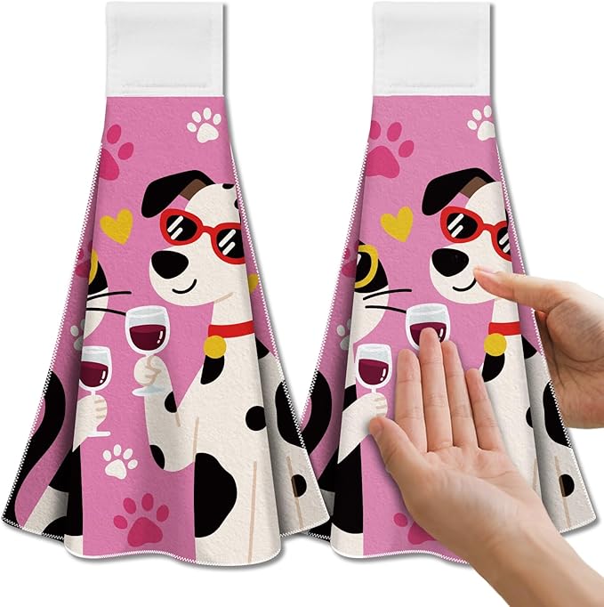 CUTHOLLOW Cartoons Cat and Dog Hanging Kitchen Towels with Loop, Set of 2 - Soft & Absorbent Microfiber Decorative Hand & Hanging Dish Towels for Kitchen, Tea Towel Hang on Oven Door, Stove Handle
