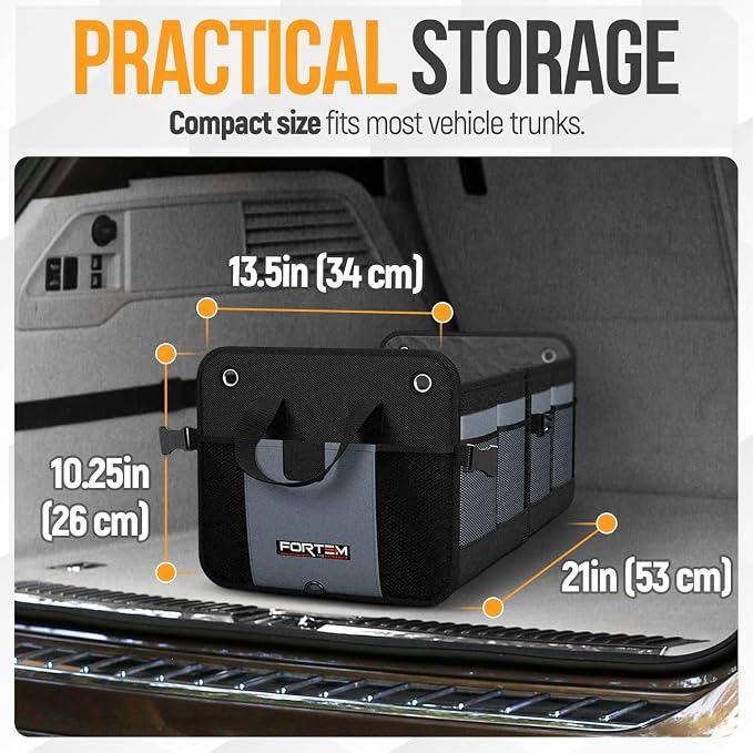 FORTEM Trunk Organizer - Collapsible Car Organizer & Storage Bag for SUVs | Car Accessories for Men & Women, Cooler Bag, Non Slip Bottom, Straps, Soft Cover, 1680D Oxford, 3 Compartments, Grey, 50L
