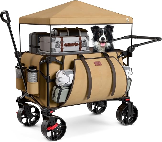 EVER ADVANCED Folding Push Wagon with Canopy, Shopping Cart with Brakes | Portable Collapsible Wagon Cart with All-Terrain Big Wheels for Camping, Beach, Sports