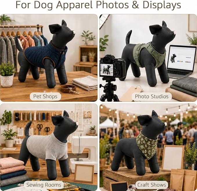 Dog Mannequin PU Pet Clothing Display Stand Cute Dog Hangers for Clothes Store Leather Pet Sewing Mannequin Durable Puppy Standing Model (Black, Small)