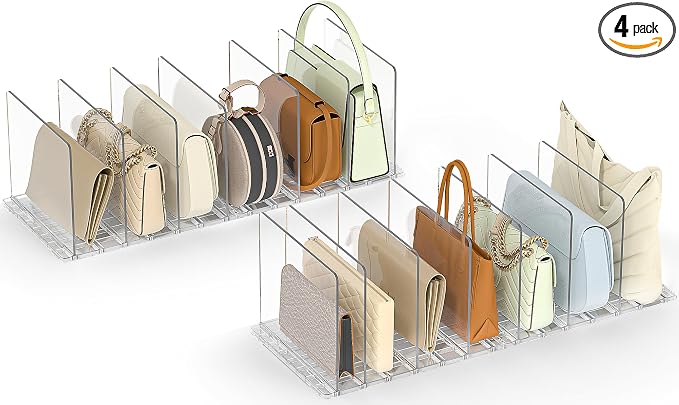 SortNStore Bag & Purse Organizer for Closet: Adjustable Clear Dividers | Plastic Clutch for Closet Organizers Handbag Storage - Keep Carteras & Pocketbook Upright 4 Pack - 14Dividers