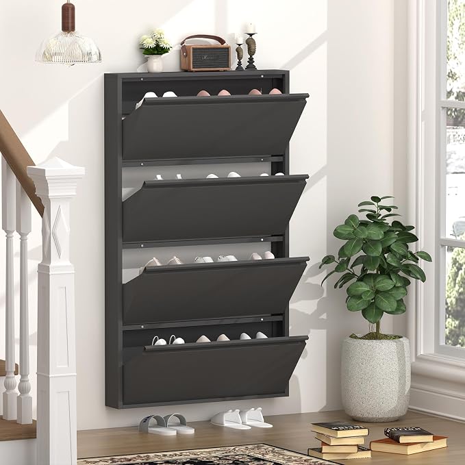 GREATMEET Black Shoe Cabinet Storage for Entryway, Narrow Shoe Cabinet for Entryway Slim, Wall Mounted Metal Hidden Shoe Organizer with 4 Flip Drawers