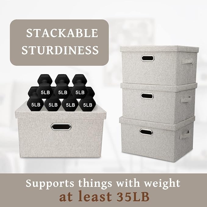 Storage Bins with Lids Fabric Closet Organizers Cubes Office Organization | 21 Quart 5 Pack Beige Collapsible Stackable Linen Fabric 4 Handles Bedroom Closet Cabinet Under Bed Clothes Toy Office File
