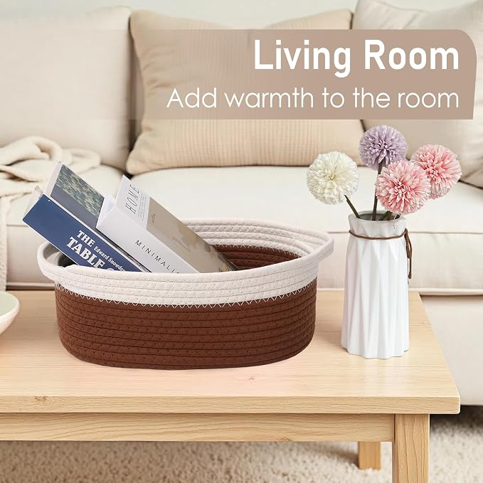 JMvicyroam Small Woven Basket, Empty Gift Basket, White&Brown/3 Pack | Small Gift Basket, Cotton Rope, 12 x 8 x 59 in, Handles, Includes Ribbon and Bag, Birthday Gift Basket