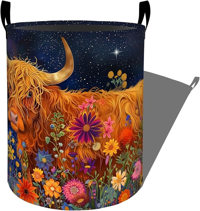 Starry Sky Highland Cow in Colorful Wildflowers Laundry Basket with Handles, 19.7"x15.7" Clothes Foldable Laundry Hamper Organizer for Dorm Nursery Bedroom Bathroom Decor, Toy Storage Bin for Kids