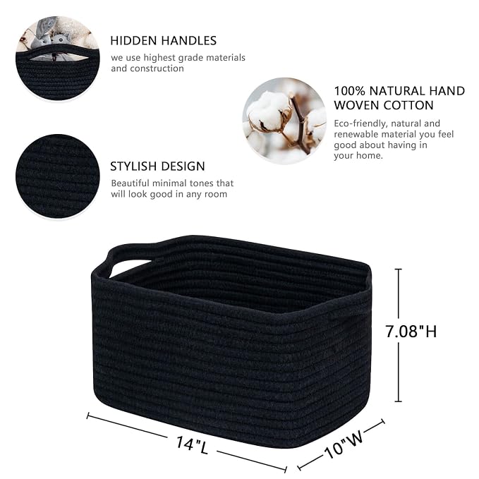 CubesLand Cube Storage Organizer Basket Bin, Cotton Rope Shelves Basket | Durable Woven Rectangular Shelf Basket for Organizing, Nursery Toys Basket, Black Basket