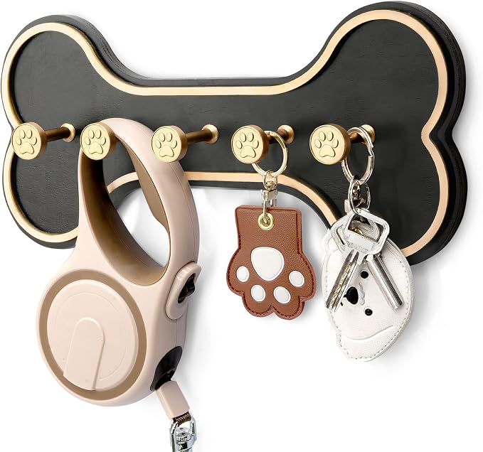 MTERSN Dog Leash Holder Wall Mount with 3D Paws Hooks for Entryway, Black | Dog Bone Dog Leash Holder for Wall, 5 Dog Leash Hook, Farmhouse Decor, Gift for Dog Lovers, Leash and Key Storage