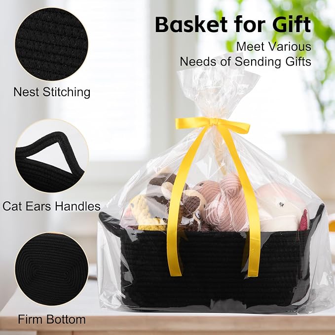 OIAHOMY Woven Basket, Gift Basket Empty with Gift Bags and Ribbons, Rope Baskets for Baby Showers, Storage Baskets with Handles for Nursery, Pet Toy Organizer- Black