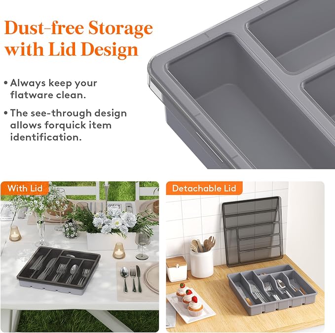 Lifewit Silverware Organizer with Lid, Covered Utensil Tray, 12.6x11.8 | Plastic Cutlery Storage Box for Kitchen Drawer and Countertop, Flatware Case Holder for Spoons Forks Knives, Gray