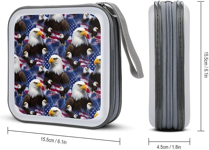 Hard Shell DVD Storage Binder American Flag Cool Bald Eagle, Holds 40 Discs, Portable Wallet with Carry Handle, Organizer for Car Home Office