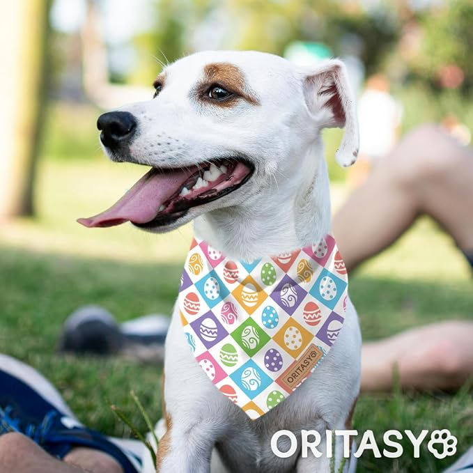 Easter Dog Bandanas, 2-Pack Triangle Reversible Bunny Eggs Pet Scarves, Premium Fabric, Bandana for All Boys Girls Dogs (Checkered, One Size)