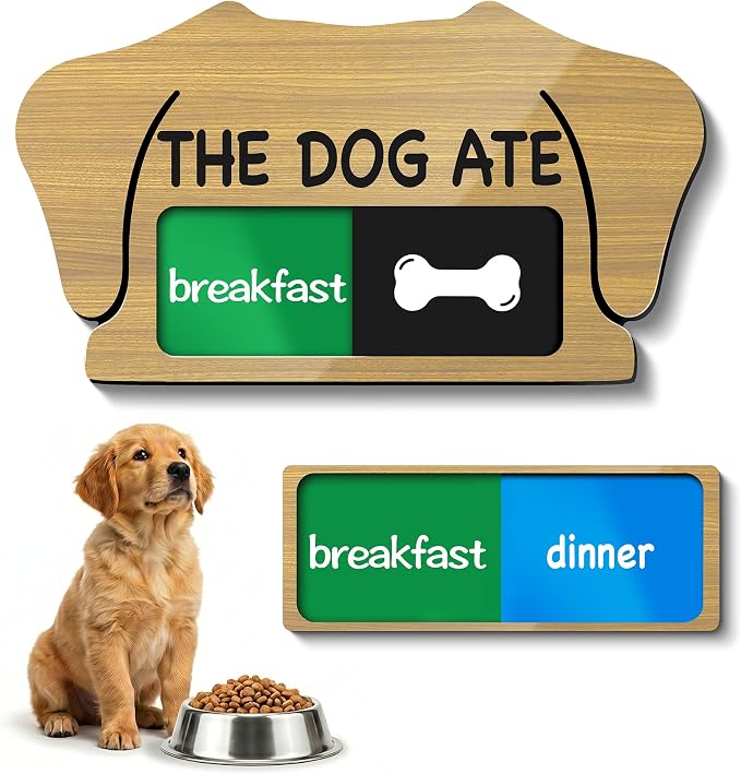 Dog Feeding Reminder Sign, Magnetic Pet Fed Schedule Chart with Slider, Breakfast & Dinner Tracker for Fridge, Prevent Overfeeding, Unique Dog Ear Shape Acrylic Sign, 5.5" x 3", Wood
