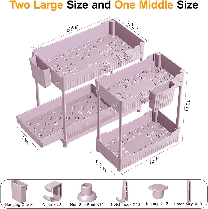 3-Pack 2-Tier Under Sink Organizers with Sliding Drawers | Multi-use kitchen & bathroom storage, 12.8 inch pink cabinet organizer, space-saving sliding drawer design.
