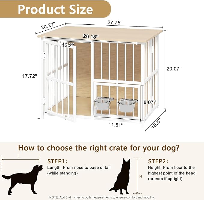 Hadulcet 27'' Foldable Dog Crate Furniture, Small Dog Kennel with 2 Bowls | Wooden Crate Table with Storage Top, Furniture Style Indoor Kennel for Small to Medium Dogs with Rotating Food Door, Oak