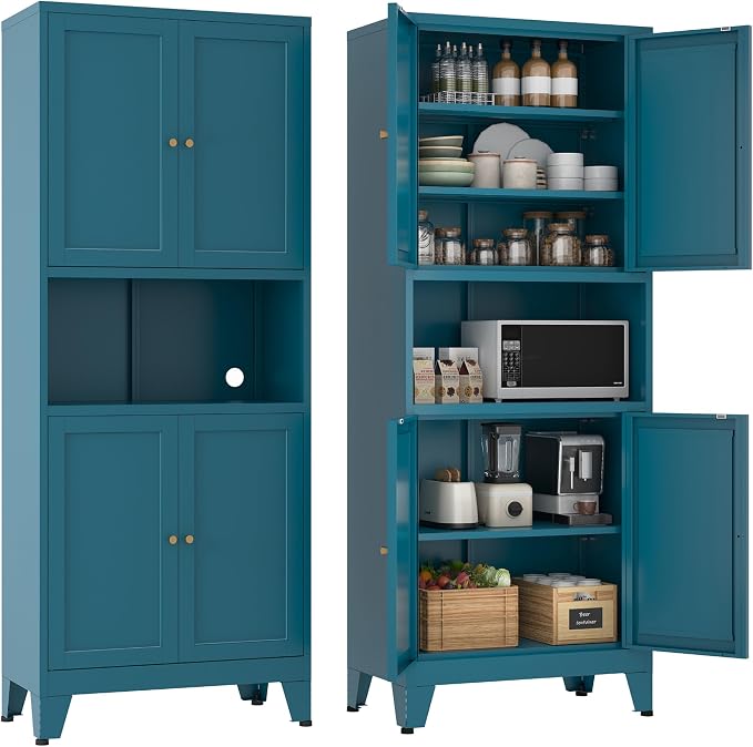 YAUWOH 69" Tall Metal Pantry Cabinet with Microwave Shelf, 4 Doors & 3 Adjustable Shelves, 120LBS Per Shelf Heavy Duty Storage Cabinet with Anti-Tip Design for Kitchen,Dining Room (1PC,Blue)