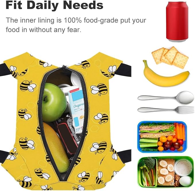 Portable Insulated Cooler Lunch Bag, Yellow Bees And Honey | Lightweight Food Storage Bags, for Outdoor Activities Office Picnics Vacation, Leakproof and Spacious Camping Bag
