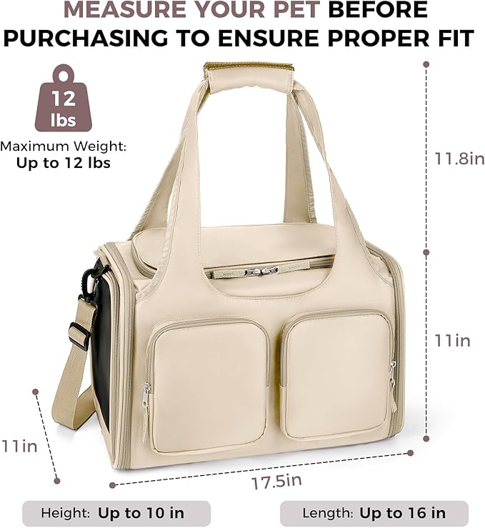 Dog Cat Carrier Airline Approved Collapsible Soft-Sided Pet Travel Bag | Pet Carrier Up to 12 lbs, Locking Zippers, Breathable Mesh, 4 Large Pockets, Removable Fleece Pad, Beige