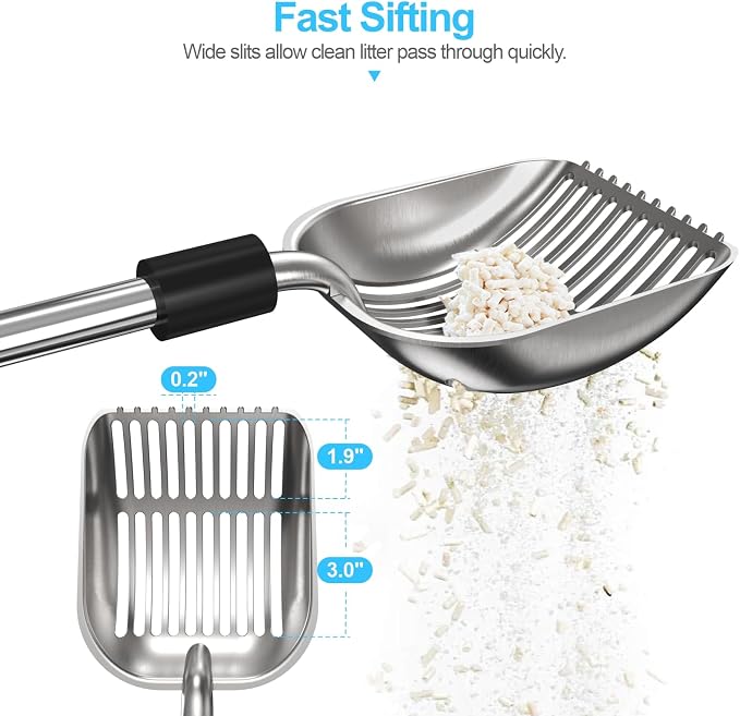 Depets Cat Litter Scoop, Long Handle Metal Litter Scooper - No Bending | Detachable, Deep Shovel, Comfort Foam Grip, Easy & Fast Sifting, Heavy Duty Stainless Steel, Litter Sifter with Storage Hook