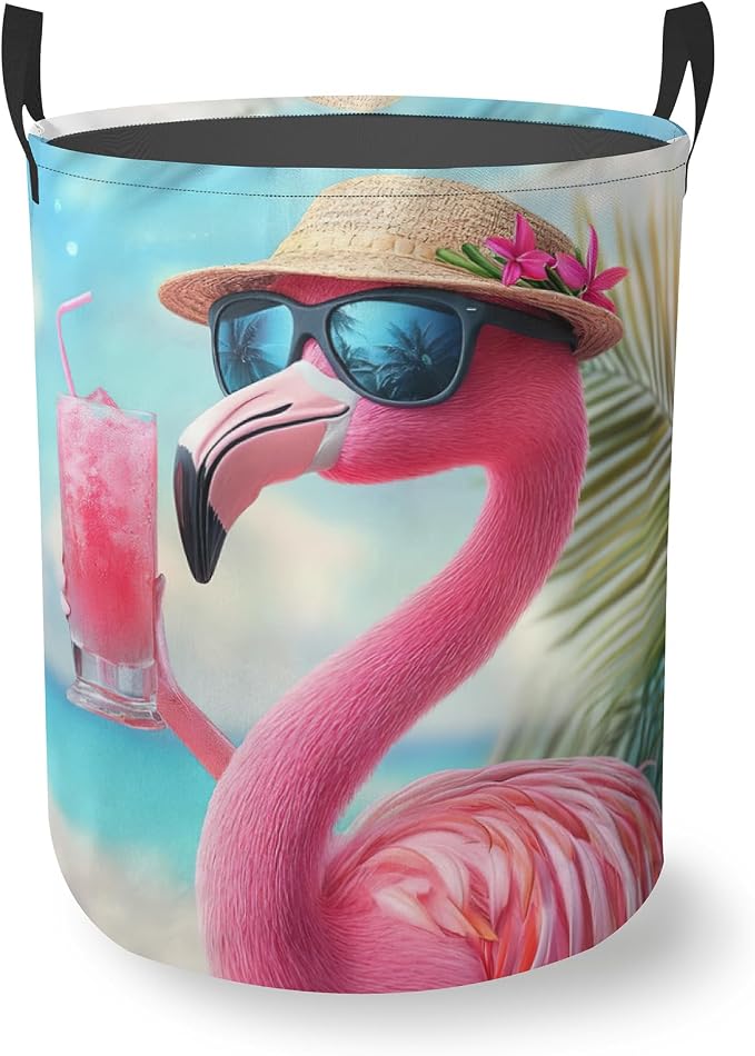 Flamingo Juice Beach Laundry Basket With Handles Tote Bag Oxford Cloth Funny Laundry Hamper Clothes Storage Bucket Toy Organizer 16" X 20.8"For Bathroom/Laundry/Bedroom