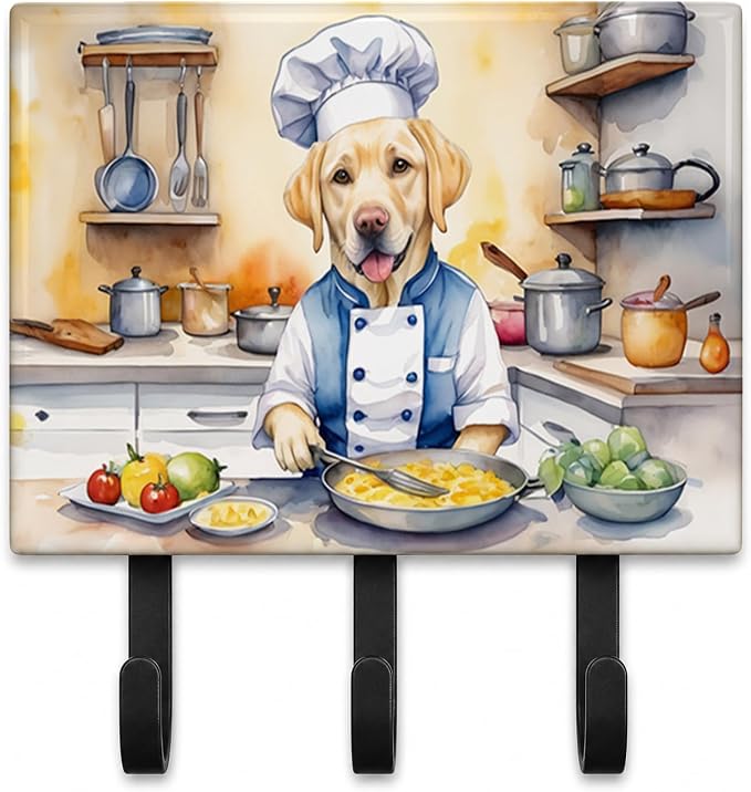 Caroline's Treasures Yellow Labrador Retriever The Chef Leash or Key Holder Wall Hooks, Key Hooks Holder, Coat Rack Wall Mount, Coat Hooks, Hooks for Hanging Keys, Towels, Aprons, Leashes | Yellow Labrador Retriever The Chef artwork on ceramic tile wit...