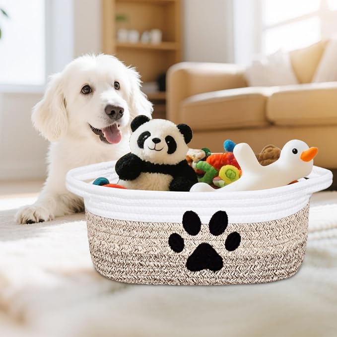 ABenkle Small Woven Basket with Handle, Cute Dog Paw Baskets for Gifts Empty, Decorative Rope Woven Storage Dog Toy Basket, Nursery Baskets for Baby Shower, 12" x 8" x 5"