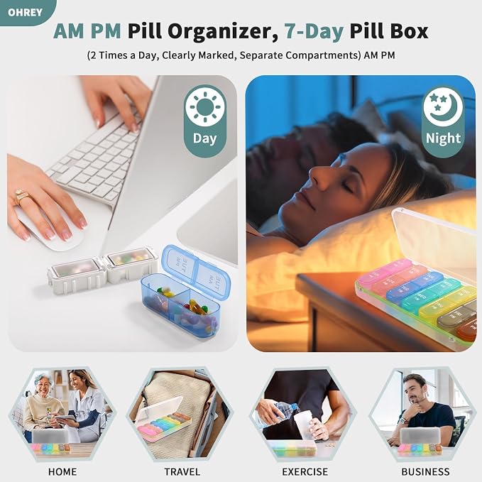 Pill Boxes and Organizer 2 Times a Day, Pill Organizer 2 Times a Day, Weekly Pill Organizer, Travel Pill Organizer Case for Vitamins, Fish Oils+ 2 Detachable Cute Pill Organizer (White)
