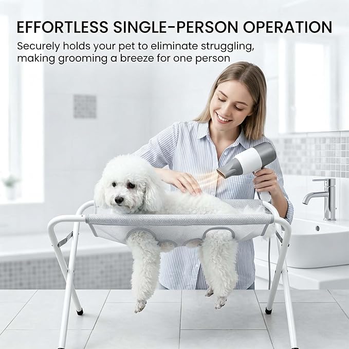Pet Bathing Hammock, Foldable 8-Hole Grooming Stand for Small Pets (Grey) | Easier Pet Bathing, Less Scratches and Bites, Sturdy Frame Quick-Dry Mesh, Ideal for Dogs & Cats, Nail Trimming and Grooming