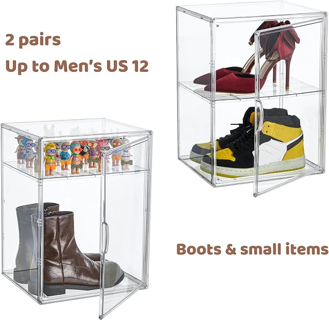 Attelite XXX-Large Acrylic Display Case Boot Shoe Storage Boxes 2 Pack | Boot Display Case With A Movable Divider, Clear Shoe Organizer for Sneakers 2 Tiers,Tool-free Assembly,Magnetic Door