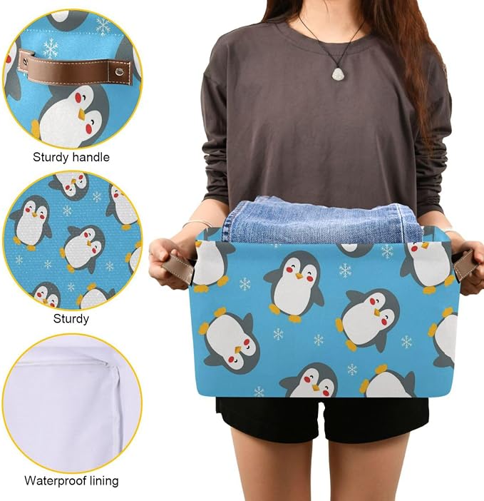 Christmas Snow Penguin Blue Print Rectangular Storage Bin Basket with Handles - Organizer Bins Laundry Storage Basket for Pets Room Books Closet
