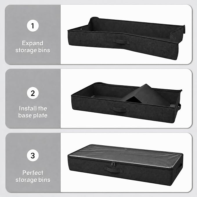 2-Pack Under Bed Storage Containers, 4.5 Inches Tall Clothes Storage, Black | Low Profile Collapsible Underbed Organizer Bin with Sturdy Sidewalls/Bottom, Cotton-linen bins, For Seasonal Clothes