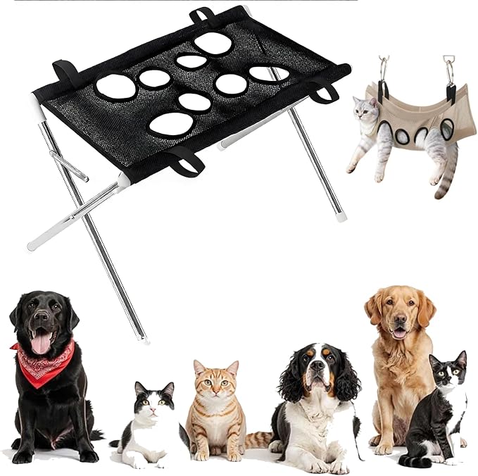 Dog Grooming Hammock, 2-in-1 Foldable Pet Bathing Bed with Stand，Black | Pet Grooming Hammock, Dog Bath & Paw Wash Sling for Small Large Dogs, Nail Trimming, Shower Hammock, Foldable Stand