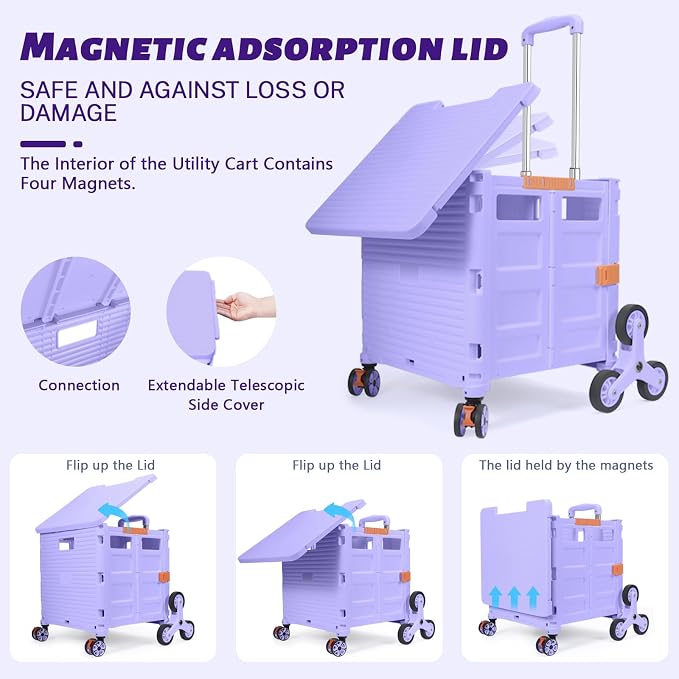 Foldable Utility Cart Collapsible Portable Crate Rolling Carts with Stair Climbing Wheels Tote Basket with Magnetic Lid Telescopic Cover Wear-Resistant 360°Rotate Wheel Noiseless for Shopping Office