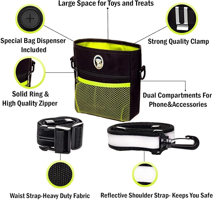 Dog Treat Pouch for Training & Walking, Pet Treat Bag with Poop Bag Dispenser, Pro Clicker, Collapsible Travel Bowl & Reflective Shoulder Strap - Black/Green