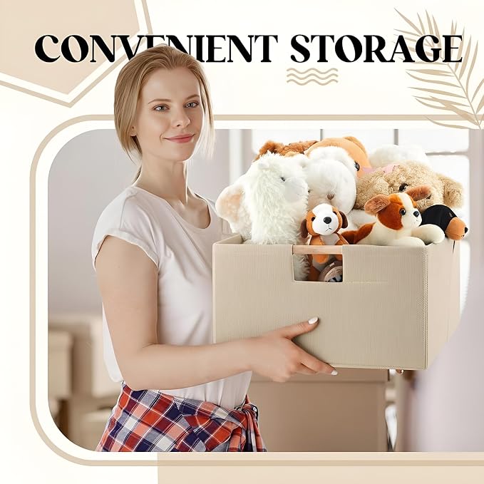 Cinnvoice 3 Pack Fabric Storage Bins for Closet Shelves, 15 x 10.6 x 6 Inch Beige Rectangle Wardrobe Organizer with Handle, Collapsible Shelves Storage Basket for Sorting Clothes and Toy