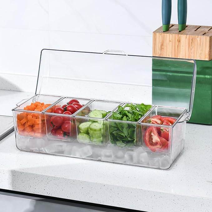 Gcroet Chilled Condiment Server with Lid 5 Compartment Condiment Tray with Ice Chamber and Handle Food Grade PET Transparent Caddy for Bar Party ...