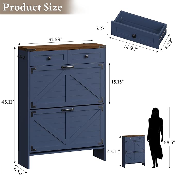 BORNOON Shoe Cabinet with Odor Control Deodorizer and Back Panel, Farmhouse Narrow Shoe Storage Cabinet Rack for Entryway with 2 Flip Drawers and 2 Top Drawers, Adjustable Shelves, Side Hooks