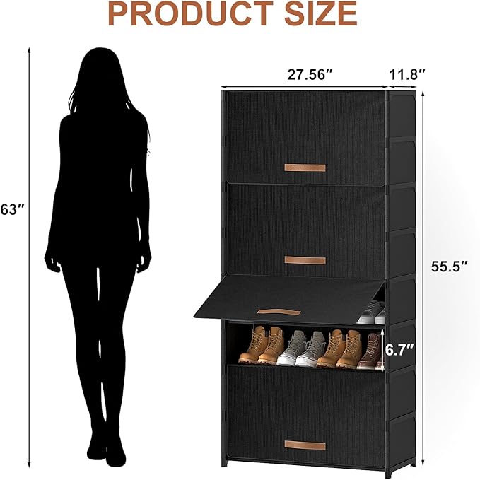 9 Tier Shoe Cabinet with Door, 36-Pair Storage, Black | Max Capacity for Large Families, Door Prevents Dust & Pet Damage, Holds All Shoe Types, Easy Connector Assembly
