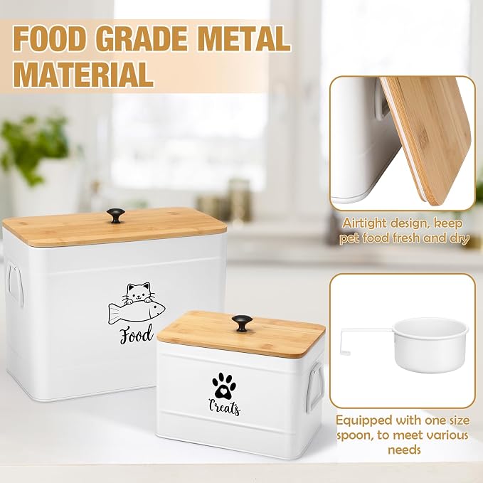 Reallnaive 2 Pcs Large Metal Cat Food Storage Containers 12+3.5 Lbs Decorative Pet Treat Snack Jars Airtight Bamboo Lids & Dry Food Scoop for Farmhouse Kitchen Counter Decor, Pet Owner Gifts(White)