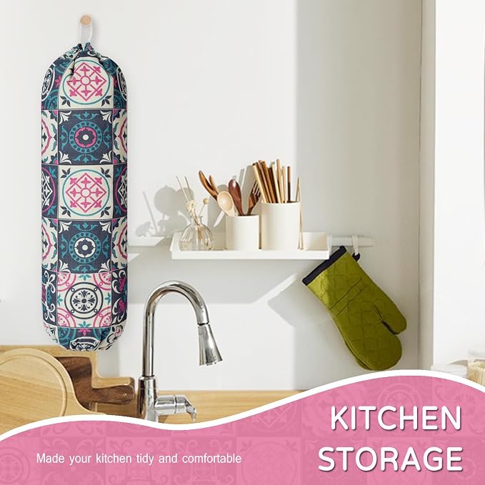 Plastic Bag Holder, Reusable Grocery Bag Holder for Plastic Bags Groceries Store, Flower Canvas Trash Plastic Bag Organizer Storage Holders for Home Kitchen Pantry Decor (Colorful Boho Style)