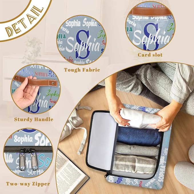 Personalized Storage Bins with Zipper Lid, Grey Blue Customized Name Storage Basket Rectangle Clothes Organizer for Organizing Kids Boys Men and Pets Toys Shelf Closet