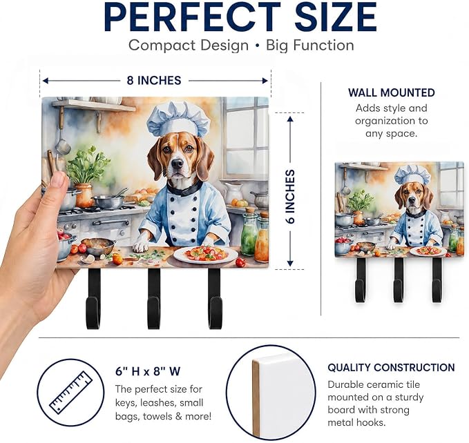 Caroline's Treasures Beagle The Chef Leash or Key Holder Wall Hooks, Key Hooks Holder, Coat Rack Wall Mount, Coat Hooks, Hooks for Hanging Keys, Towels, Aprons, Leashes | Beagle The Chef artwork on ceramic tile with three steel hooks for keys, leashes,...