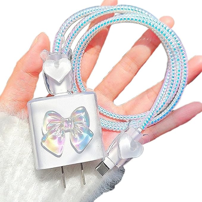 Cute Charging Cord Protector for iPhone Charger Adapter,Sparkle Bowknot Plating with 3D White Love Heart Design,DIY Soft Cable Protector Data Cable Saver for Women Girls iPad 18W/20W Charger Cover