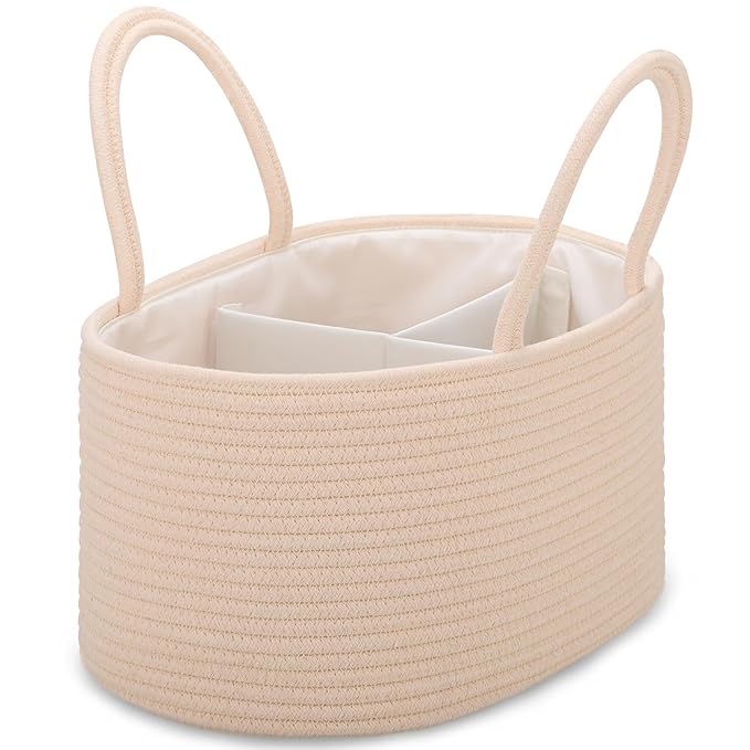 COMSE Large Cotton Rope Baby Diaper Caddy Organizer with Handles, Beige