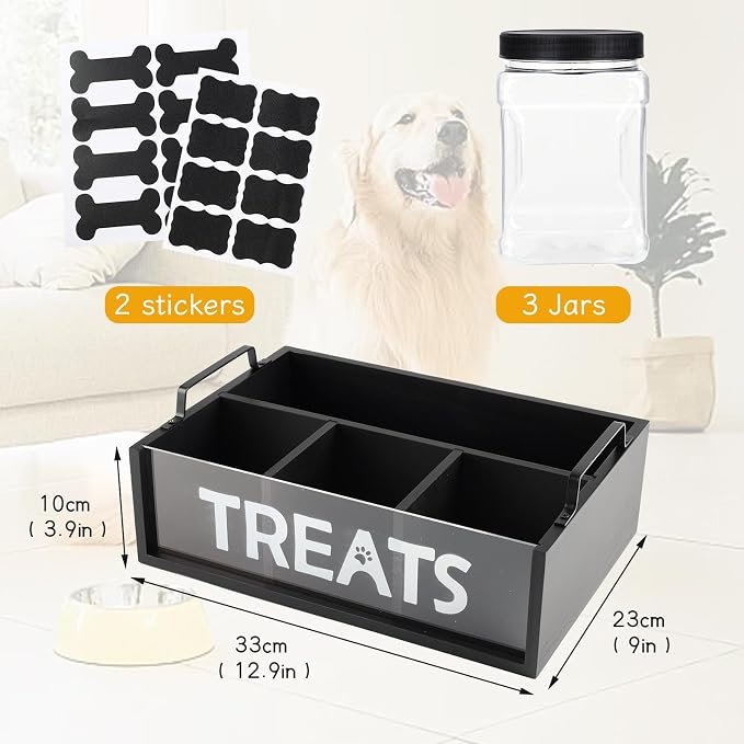Dog Treat Container cat food container with 3 Jars & Compartments pet treat storage with handle dog treat container for countertop