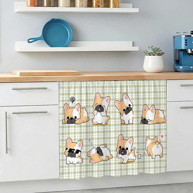 Cute Puppy Oven Skirt Curtain for Kitchen Decor 28"x35", Sage Green Plaid Modern Funny Dogs Pet Self Adhesive Stove Curtains Skirt Cabinet Curtains for Bathroom Laundry Room