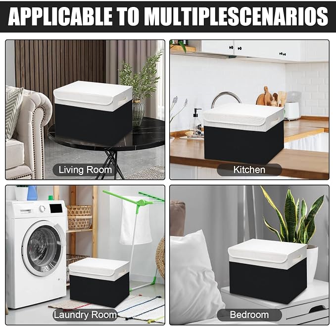 Large 42 Quarts Fabric Storage Bins with Lids [2-Pack] Linen Collapsible Foldable Baskets, Closet Organizer Containers boxes with Handles for Home Office (16.7 x 12 x 12, Black & White)
