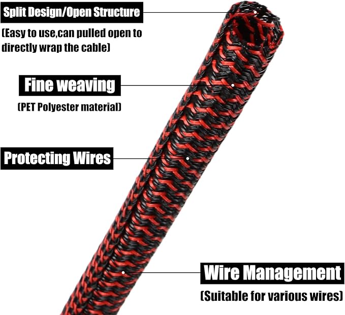 10ft PET Braided Cable Sleeve 3/4 inch(19mm) Wire Protector Cable wrap Wire Covers for Cords Cable Sleeves Cord Management Cable Management Sleeve(Red Black)