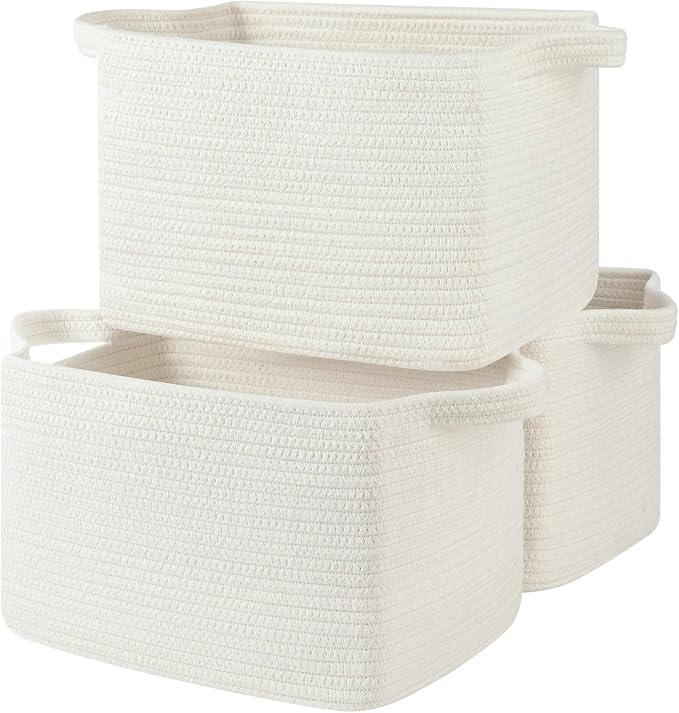 OIASKET Storage Basket for Organizing, Woven Baskets for Storage, Rectangle Decorative Baskets for Shleves, Closet, Toys, Books, Nursery Organizer Bins - Pack of 3 (White, 13"x9.85"x8.7")